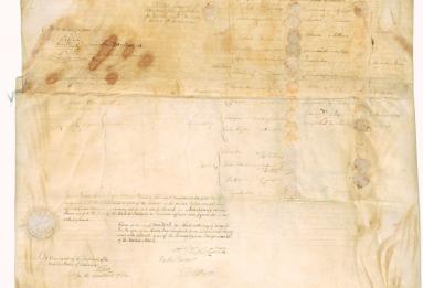A portion of the handwritten Muscogee Treaty, featuring the signatures of Muscogee leaders and President George Washington. 