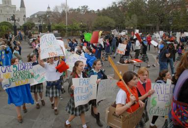 Photograph of students peacefully protesting after Hurricane Katrina