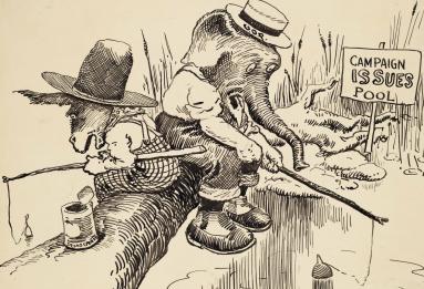 Political cartoon of a donkey and elephant fishing in a pond labeled "Campaign Issues Pool"