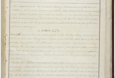 The first, handwritten page of the 14th Amendment. 