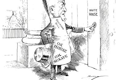 This cartoon conveys a railroad bill’s anxiety about how it will be received by the President.