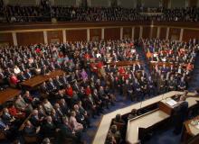 President George W. Bush is delivering his State of the Union speech at the podium on the floor of the U.S. House of Representatives